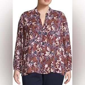 Rachel Roy Maroon September Floral Printed Split Y Neck Long Sleeve Blouse Wine